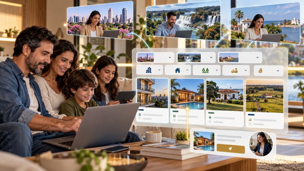 família pesquisando e comparando imóveis urbanos e rurais dos três países