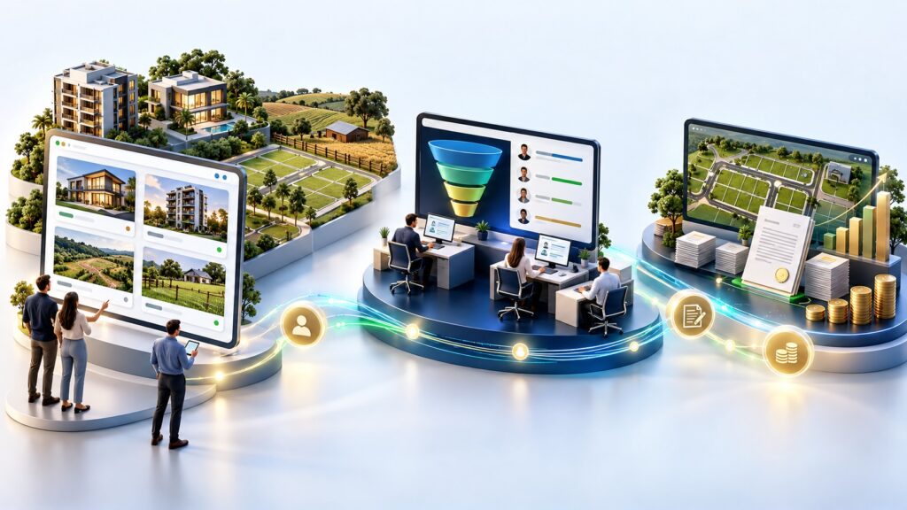 ecossistema integrado entre portal imobiliário, CRM e ERP para loteamentos
